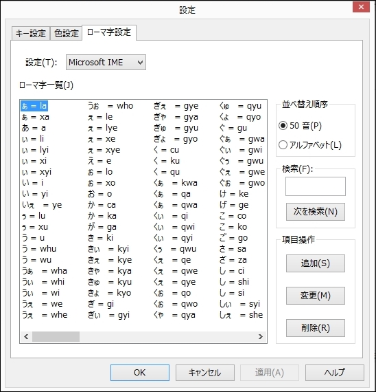 Microsoft IME ローマ字設定